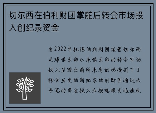切尔西在伯利财团掌舵后转会市场投入创纪录资金